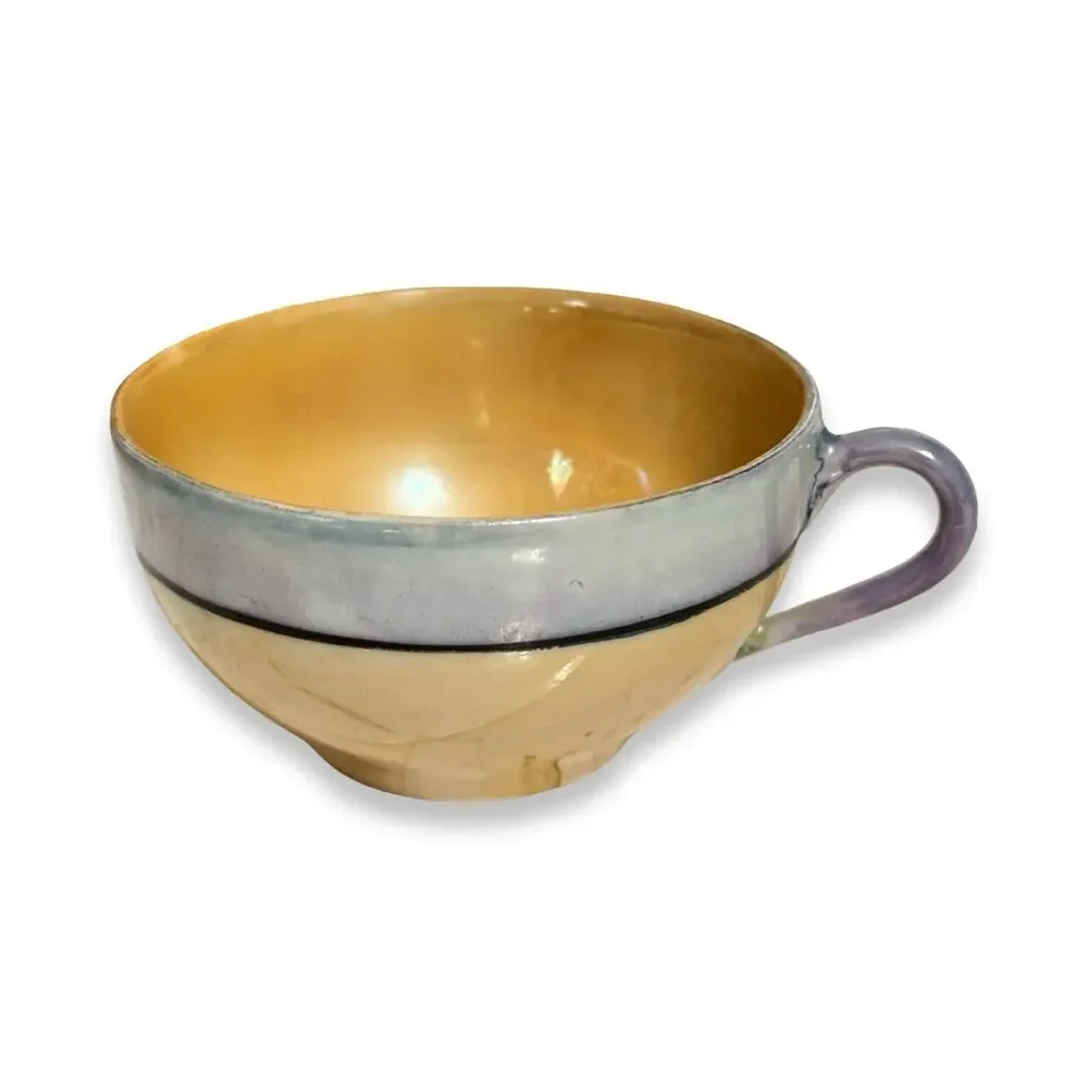 Vintage 1930s Japan Art Deco Lusterware Cup Saucer Butterscotch Gray Black